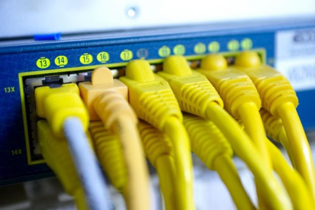 Netzwerkswitch mit Patchkabeln für moderne Netzwerktechnik und IT Infrastruktur